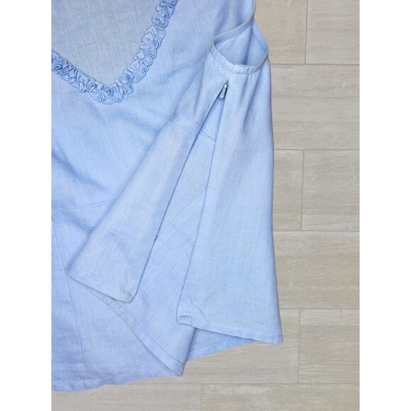 Promod Linen Ruffle V Neck Shell Top Sleeveless Size MED Blue Career Layering - Picture 8 of 10